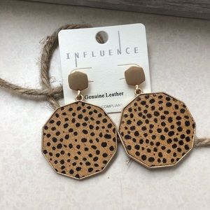Influence gold genuine leather cheetah print octagon earrings.